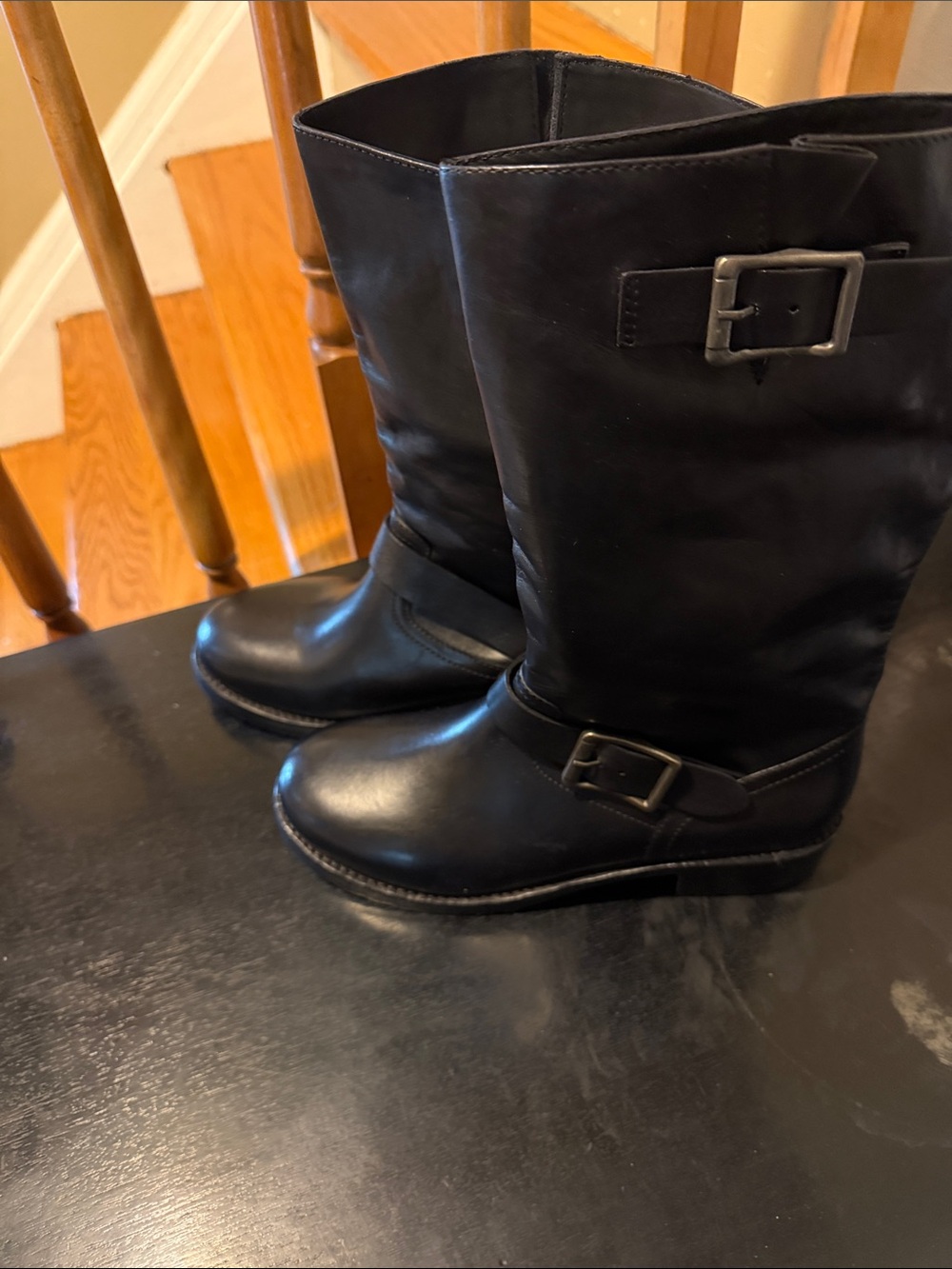 Free People Black Leather Mid-Calf Combat Boots